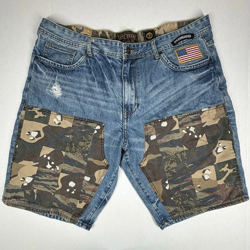 Akoo 99th Bombardier Blue Denim Mens Jean Shorts 42X11 Camo Patchwork Street EUC